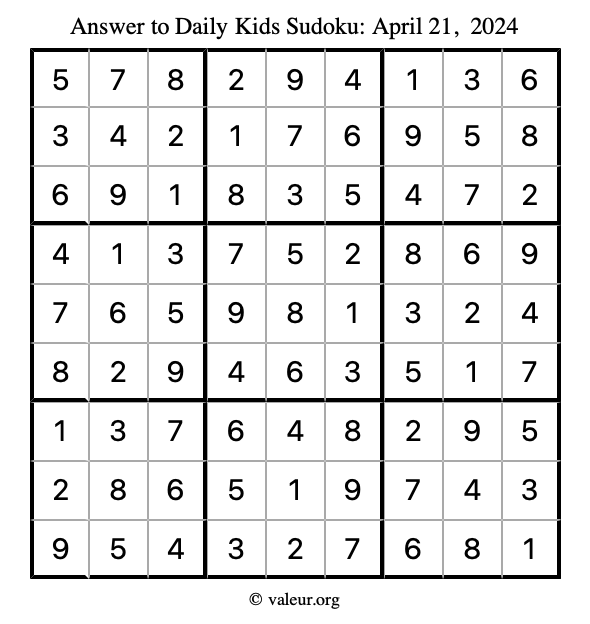 Answer to kids sudoku April 21, 2024