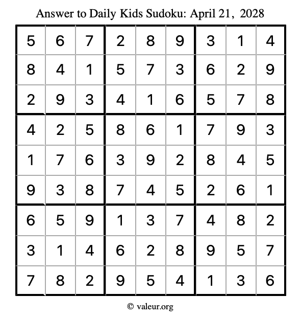 Answer to kids sudoku April 21, 2028