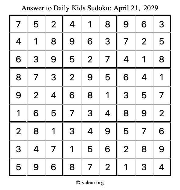 Answer to kids sudoku April 21, 2029