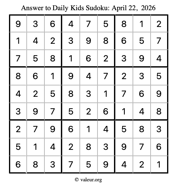 Answer to kids sudoku April 22, 2026