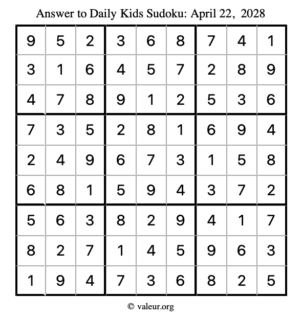Answer to kids sudoku April 22, 2028