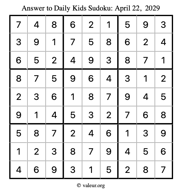 Answer to kids sudoku April 22, 2029