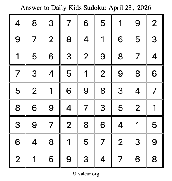 Answer to kids sudoku April 23, 2026