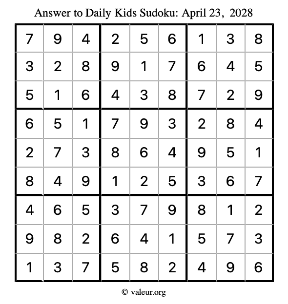 Answer to kids sudoku April 23, 2028