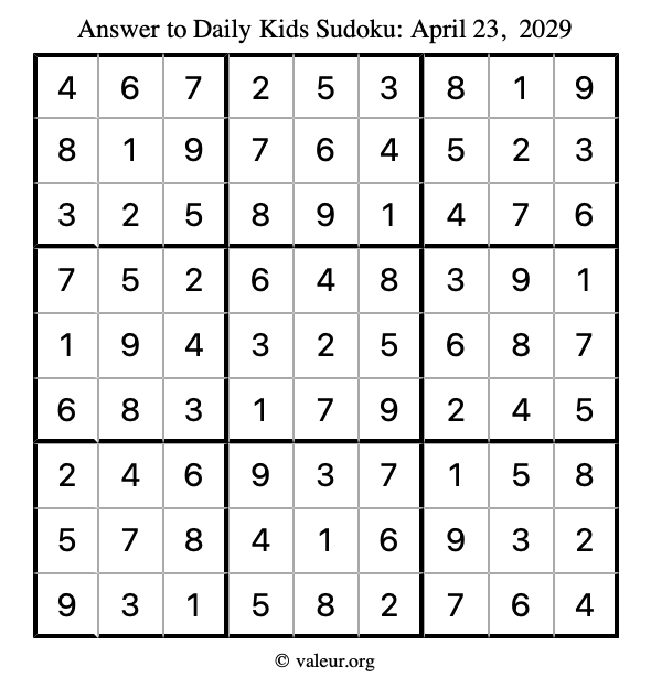 Answer to kids sudoku April 23, 2029