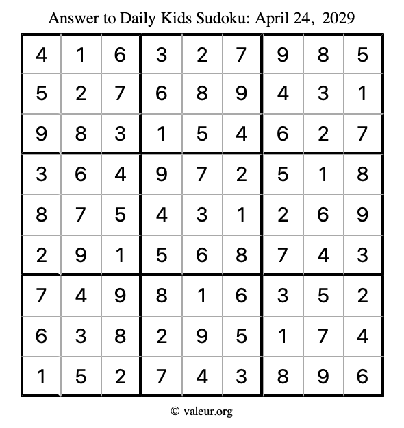 Answer to kids sudoku April 24, 2029