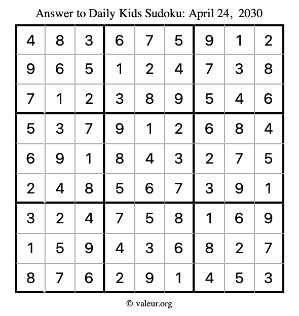 Answer to kids sudoku April 24, 2030