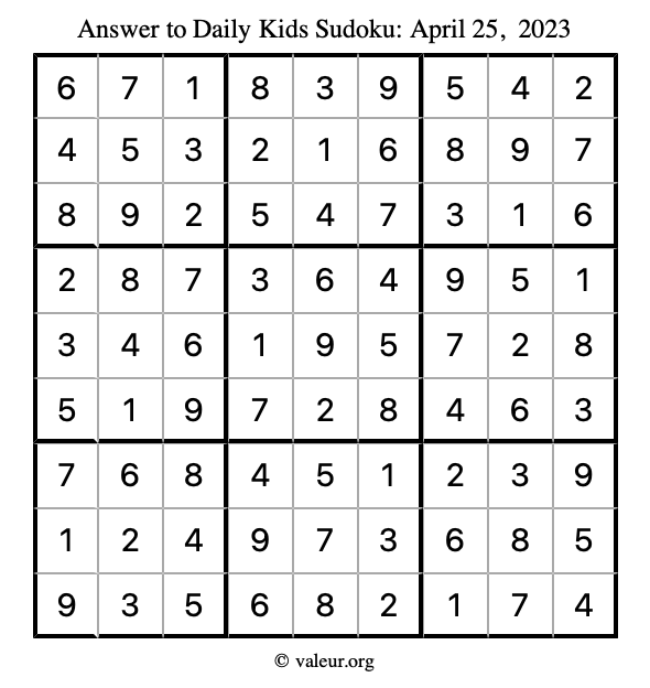 Answer to kids sudoku April 25, 2023
