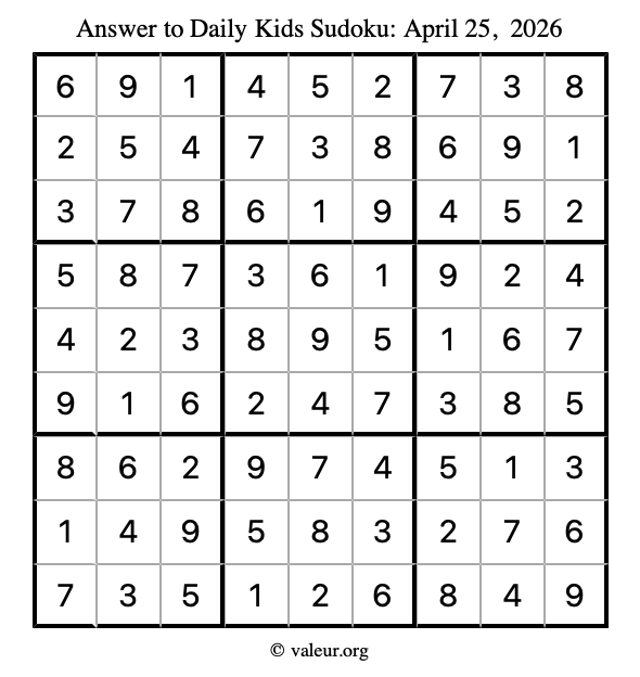 Answer to kids sudoku April 25, 2026