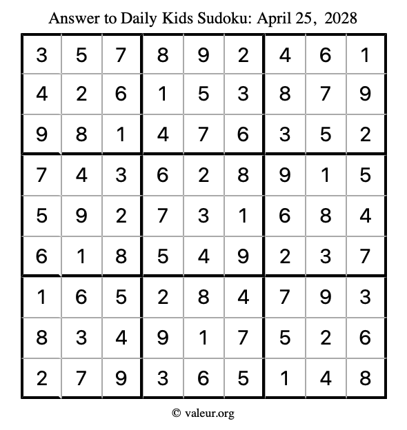 Answer to kids sudoku April 25, 2028