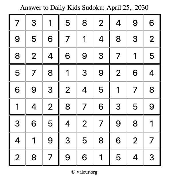 Answer to kids sudoku April 25, 2030