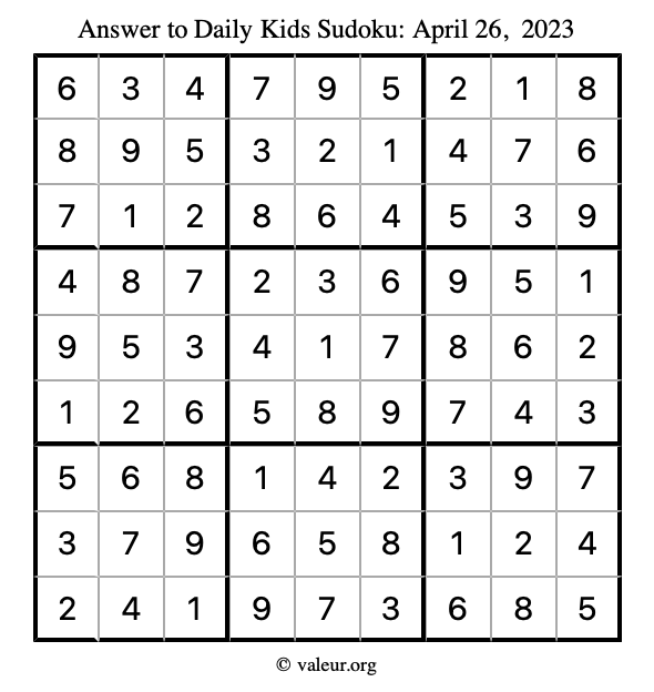 Answer to kids sudoku April 26, 2023