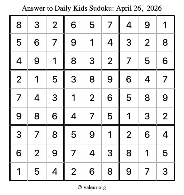 Answer to kids sudoku April 26, 2026