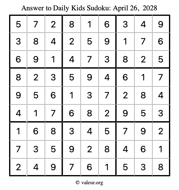 Answer to kids sudoku April 26, 2028