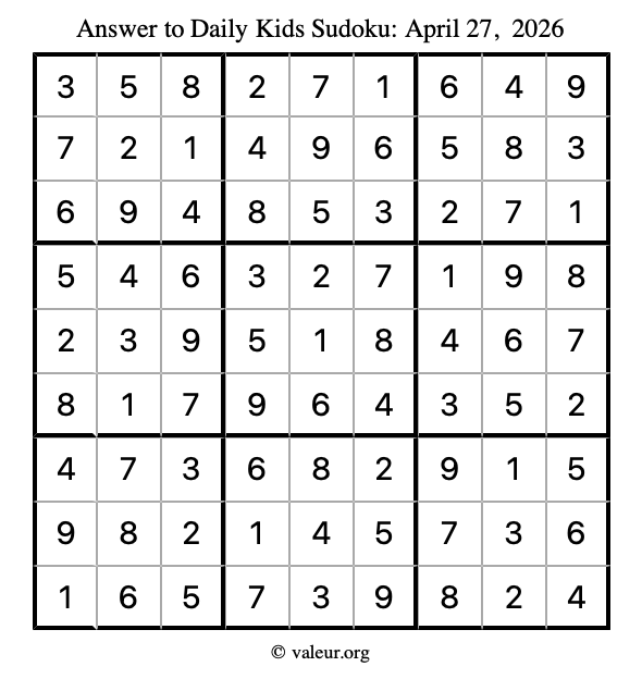 Answer to kids sudoku April 27, 2026