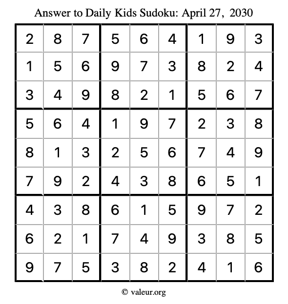 Answer to kids sudoku April 27, 2030