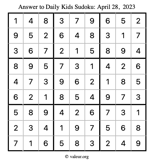 Answer to kids sudoku April 28, 2023