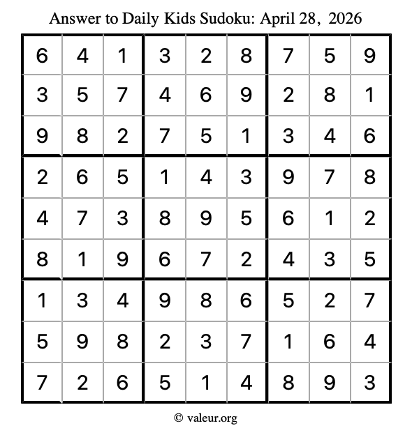 Answer to kids sudoku April 28, 2026