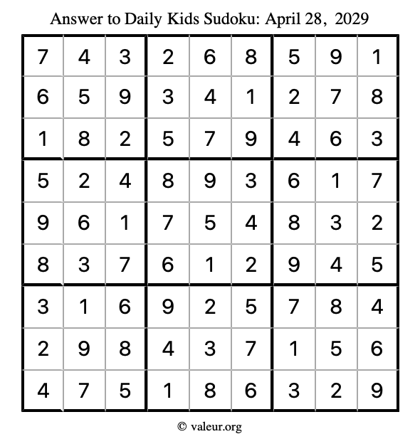 Answer to kids sudoku April 28, 2029
