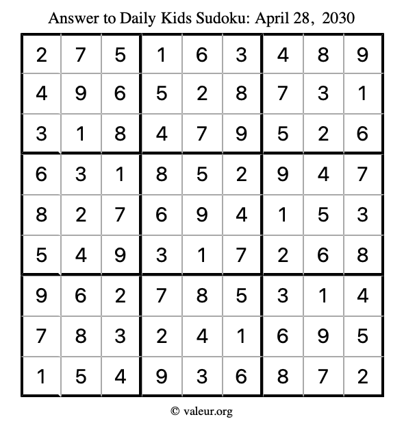 Answer to kids sudoku April 28, 2030