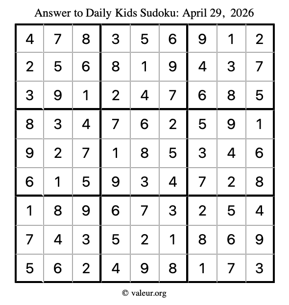 Answer to kids sudoku April 29, 2026