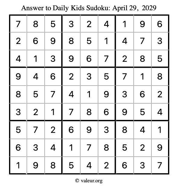 Answer to kids sudoku April 29, 2029