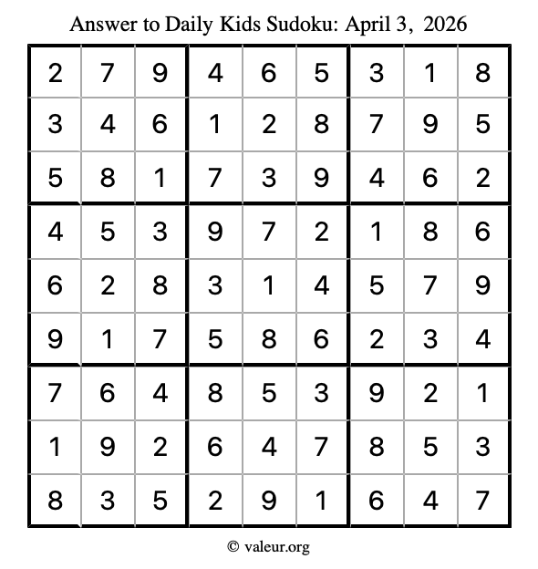 Answer to kids sudoku April 3, 2026