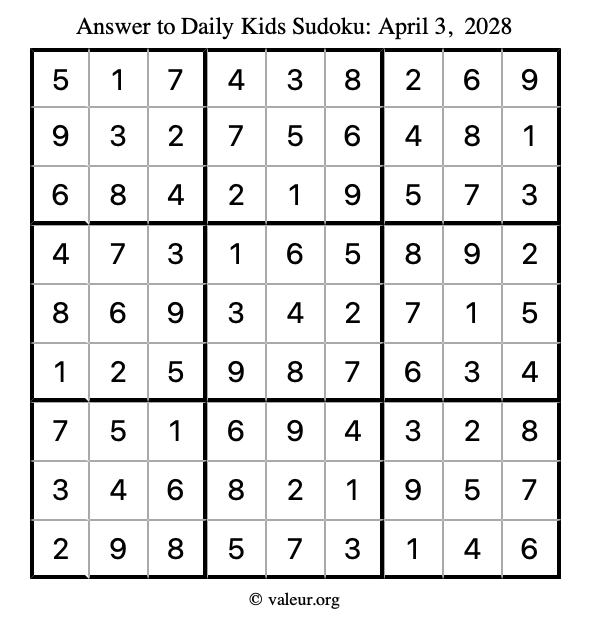 Answer to kids sudoku April 3, 2028