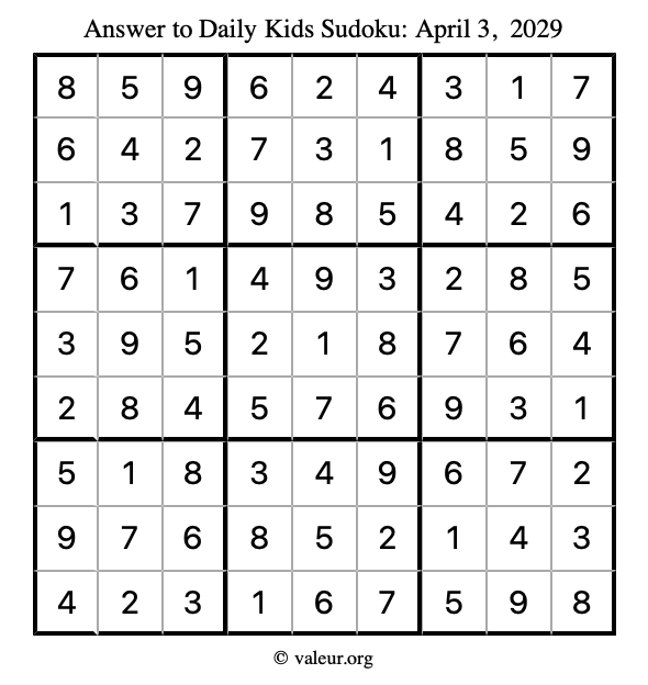 Answer to kids sudoku April 3, 2029