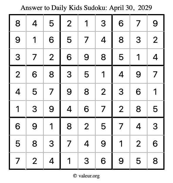 Answer to kids sudoku April 30, 2029