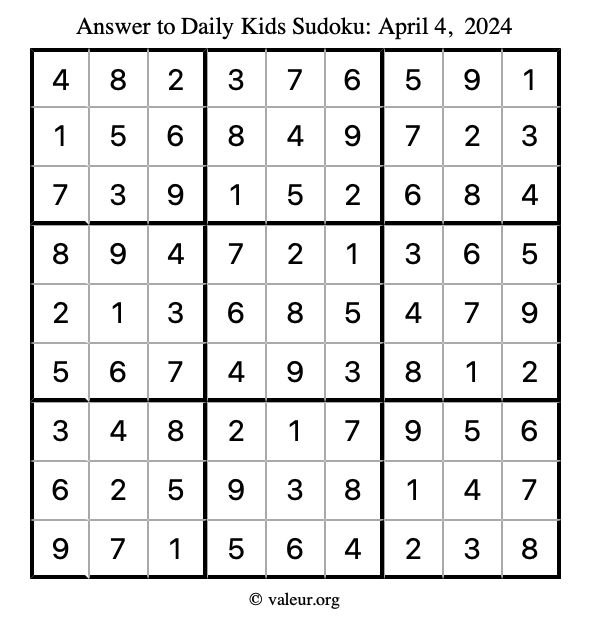 Answer to kids sudoku April 4, 2024