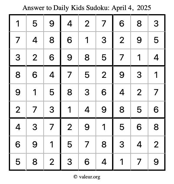 Answer to kids sudoku April 4, 2025
