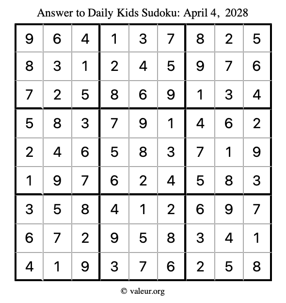 Answer to kids sudoku April 4, 2028