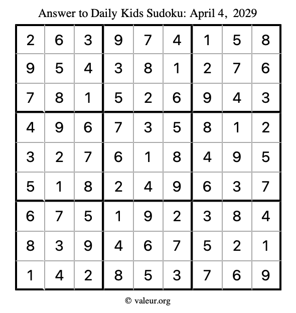 Answer to kids sudoku April 4, 2029