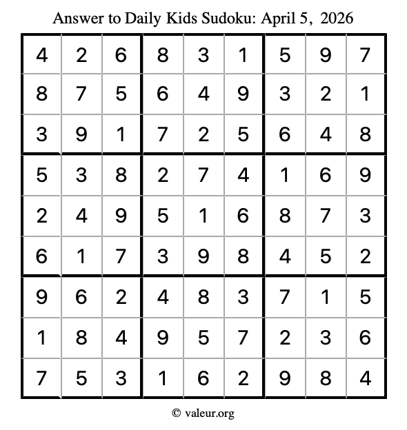 Answer to kids sudoku April 5, 2026