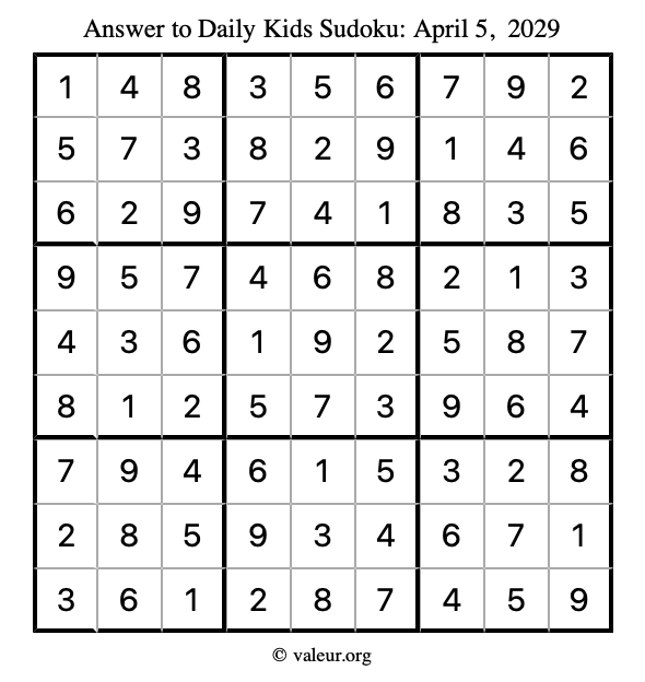 Answer to kids sudoku April 5, 2029