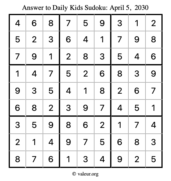 Answer to kids sudoku April 5, 2030