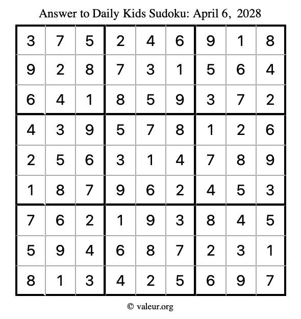 Answer to kids sudoku April 6, 2028