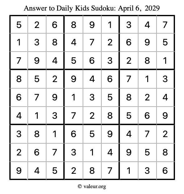 Answer to kids sudoku April 6, 2029