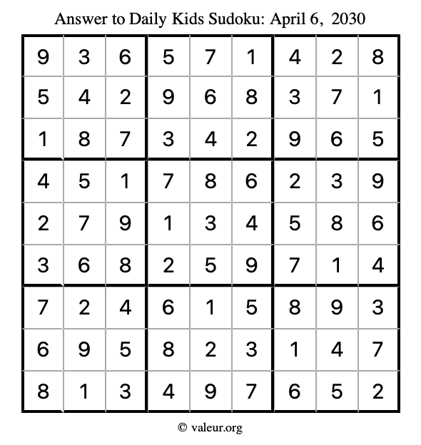 Answer to kids sudoku April 6, 2030
