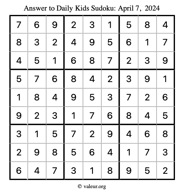 Answer to kids sudoku April 7, 2024