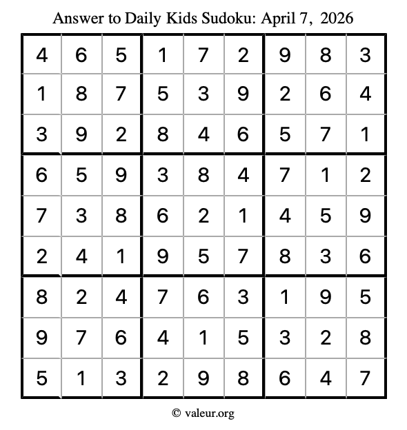 Answer to kids sudoku April 7, 2026