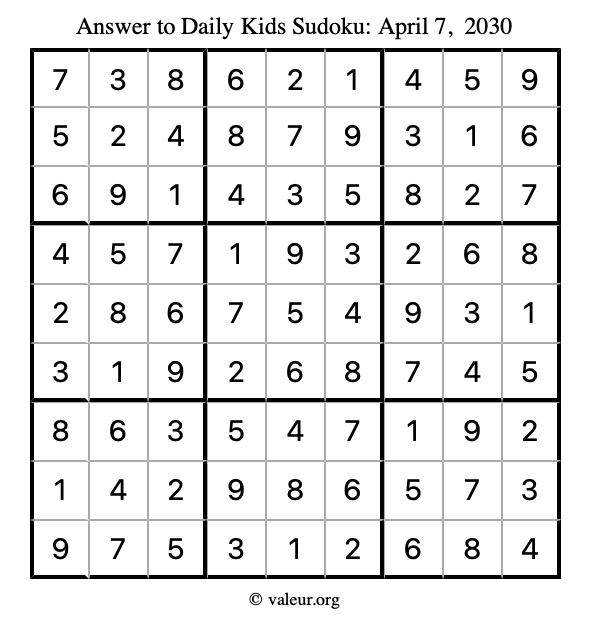 Answer to kids sudoku April 7, 2030