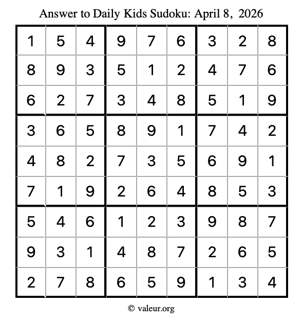 Answer to kids sudoku April 8, 2026