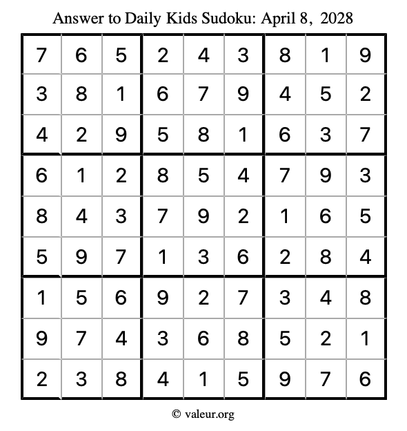 Answer to kids sudoku April 8, 2028
