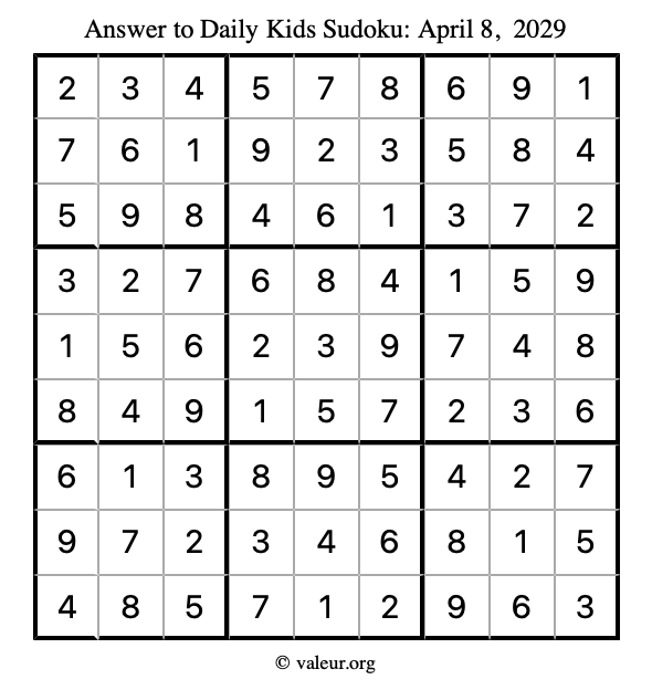 Answer to kids sudoku April 8, 2029