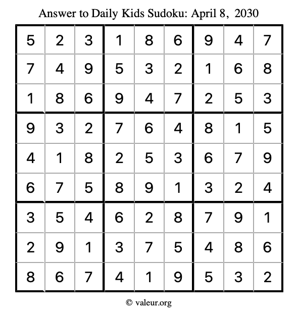 Answer to kids sudoku April 8, 2030