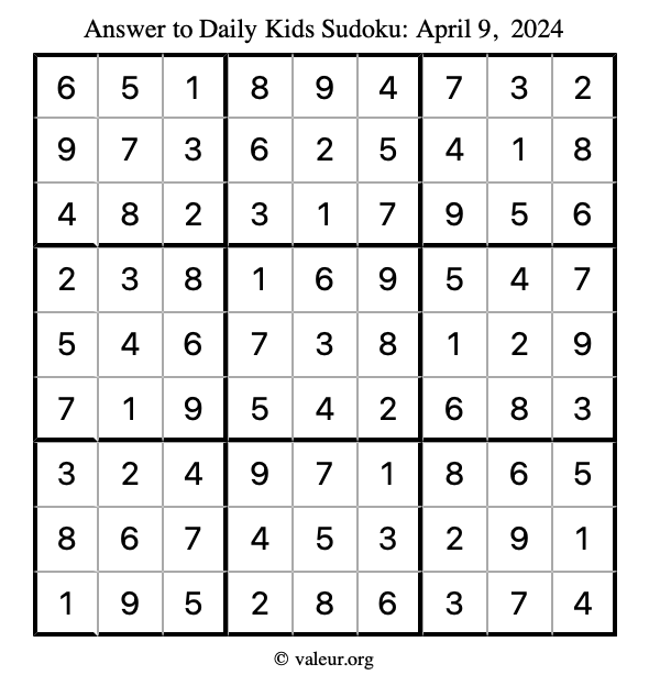 Answer to kids sudoku April 9, 2024
