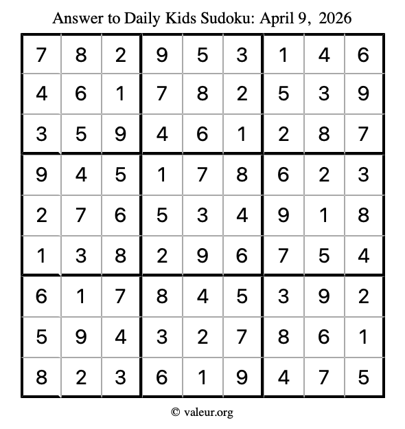 Answer to kids sudoku April 9, 2026