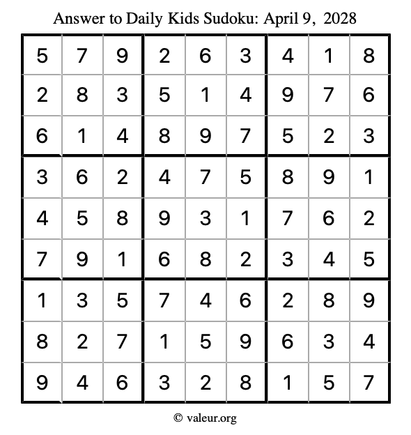 Answer to kids sudoku April 9, 2028